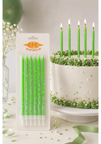 Yeşil Gümüş Simli Uzun Pasta Mumu 17 Cm Karışık
