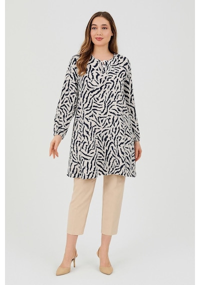 Kadın Mavi Büyük Beden Zebra Desenli Dokuma Tunik