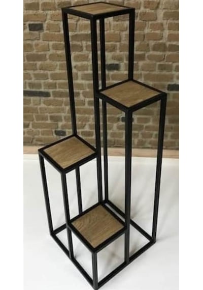 Çiçeklik Zlf Dekoratif Kule Model Metal Transmisyon Çelik Siyah Statik Boya Ahşap tabla El Yapım