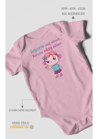 Teyzem Sağ Olsun,tarzım Olay Olsun Baskılı Bebek Zıbını Çıtçıtlı Body %100 Pamuk Kısa Kol Koyu Pembe