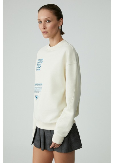 Ethıquet Modelıta Kadın Regular Baskılı Yuvarlak Yaka Ekru Sweatshirt