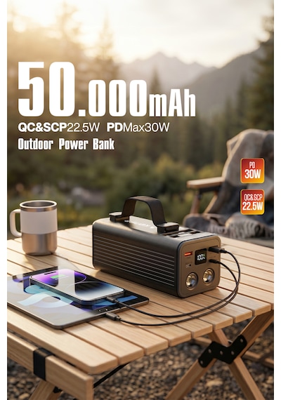 50000mah Powerbank 30w Pd 22.5w Qc Hızlı Şarj Dahili Usb-c Lightning Kablolu Led Fenerli Taşınabilir Şarj Cihazı