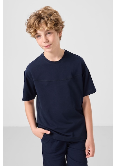 Lacivert Pamuklu Oversize Fit Dokuma Hafif Esnek Chino Erkek Çocuk Şort Takım - 11279 Lacivert