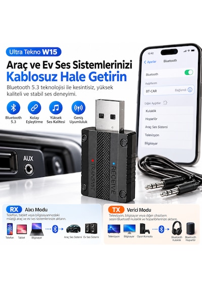W15 Bluetooth 5.3 2'si 1 Arada Ses Alıcı Verici Rx Tx 3.5mm Aux Usb Adaptör Araç Tv Pc Hoparlör Kulaklık
