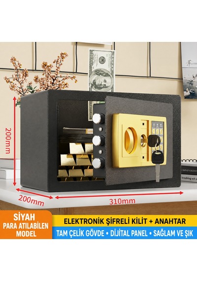 Para Atma Hazneli Elektronik Şifreli Ve Anahtarlı Çelik Para Kasası Dijital Panelli, 31 20 20 Cm