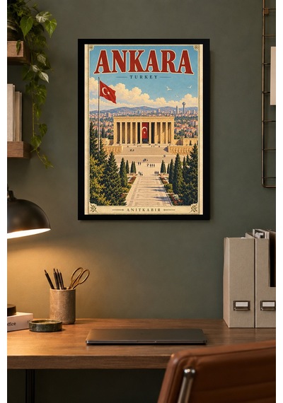 Anıt Ve Bayraklı Şehir İllüstrasyonu Desenli Dekoratif Mdf Tablo, Çerçeve Görünümlü Ahşap Poster
