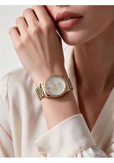 Lee Cooper Altın Sarısı Çelik Bilezik 34 Mm Yuvarlak Kadın Kol Saati, Taşlı Bileklik Hediyeli Gold