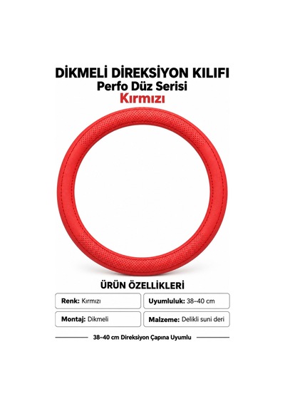 Trobus Opel Vectra 2003-2009 Uyumlu Dikmeli Direksiyon Kılıfı Perfo Düz Delikli Deri Kırmızı