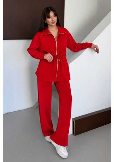 Balenbi Oversize Fermuarlı Beli Bağcıklı Polo Yaka Modal Kadın Takım 1196 - Premium Seri Kırmızı Balenbi Oversize Fermuarlı Beli Bağcıklı Polo Yaka Modal Kadın Takım 1196 - Premium Seri Kırmızı