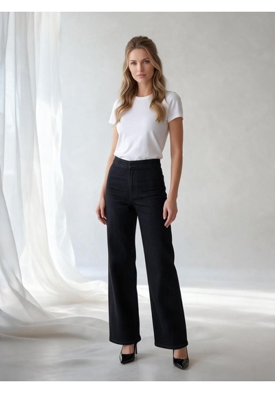 Nealirsanall.com Yüksek Bel Beli Lastikli Geniş Paça Kadın Jean Pantolon Siyah