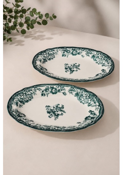 Porser Porselen Velour Green Fulya Kayık Tabak Seti 26cm 2 Parça Çok Renkli