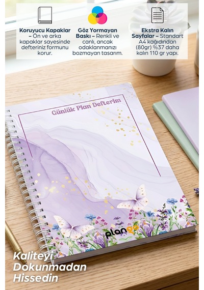 Mor Çiçekler Spiralli Günlük Planlama Defteri - 100 Sayfa - 17x24 Planlayıcı Defter Beyaz - Bej