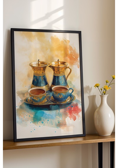 Çay Ocağı Ve Kafe İçin Otantik İnce Belli Çay Ve İbrik Tablo - Nostaljik Yağlı Boya Görünümlü Dekor Siyah Çay Ocağı Ve Kafe İçin Otantik İnce Belli Çay Ve İbrik Tablo - Nostaljik Yağlı Boya Görünümlü Dekor Siyah