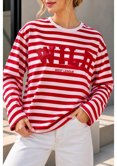 Bbbutikbasic Wild Baskılı Çizgili Uzun Kollu Kadın Sweatshirt My3535 Kırmızı