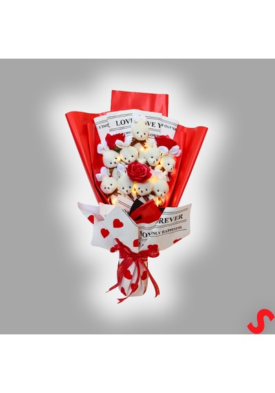 9 Beyaz Pelüş Tavşanlı Led Işıklı Kırmızı Buket, 65cm X 45cm