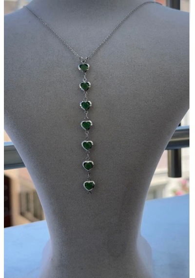 Kadın Gümüş Renk Kalpli Özel Tasarım Y Model Kolye 45 Cm Yeşil
