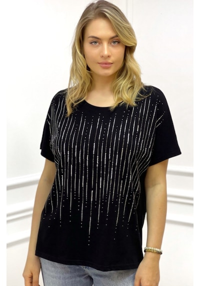 Rich Glam Bol Kesim Bisiklet Yaka Büyük Beden Crystal Taşlı Kadın T-shirt