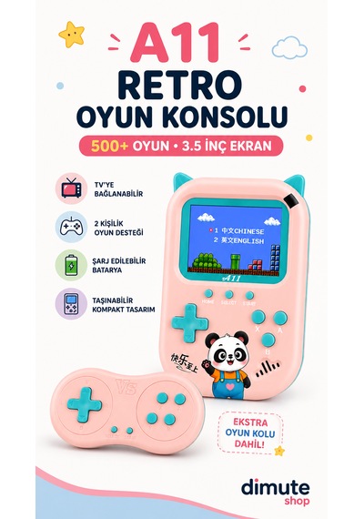 A11 Retro Oyun Konsolu 500 Oyunlu 3.5 İnç Ekran 2 Kişilik Tv Bağlantılı