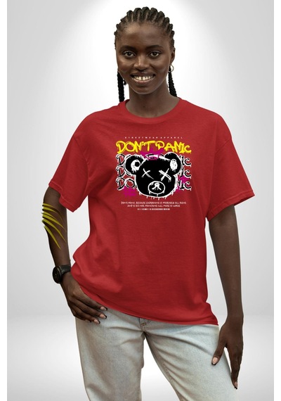 Panik Yok Teddy Pamuklu Bisiklet Yaka Unisex Oversize Boyfriend Dijital Baskılı Kırmızı T-shirt Kırmızı