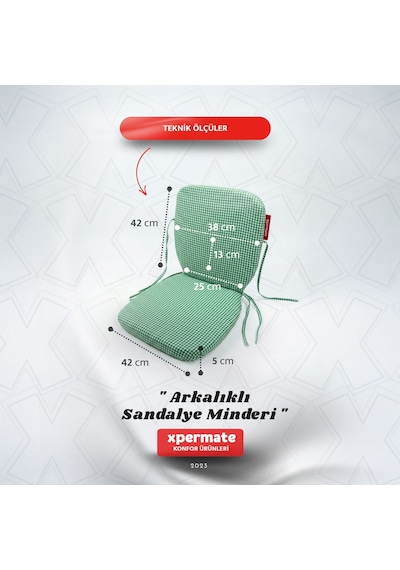 Pötikare Sırtlıklı Sandalye Minderi 42x42 Fermuarlı Yıkanabilir Kılıf Bağcıklı Minder Standart Fit Yeşil