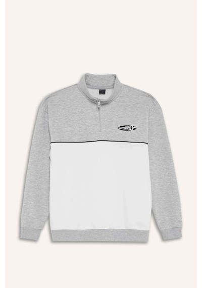 Defacto Boxy Fit Dik Yaka Yarım Fermuarlı Baskılı Kalın Sweatshirt F3825ax25wngr369 Gri