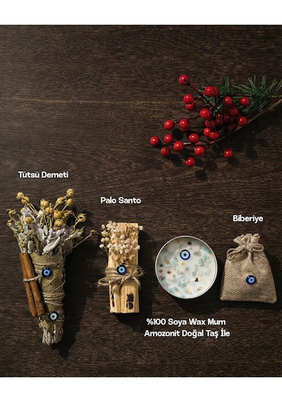 Yeni Yıl Nazar&korunma Ritüeli Seti-palo Santo-üzerlik-adaçayı Tütsüsü & Amazonit %100 Soya Wax Mum Beyaz