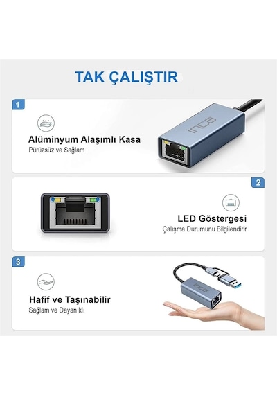 Inca Iutp-01t Usb 3.0 Type-c 3.1 Ethernet Rj45 1000mbps Alumınyum Kasa