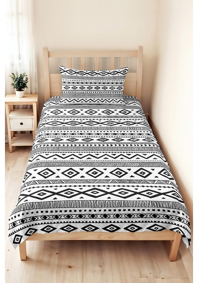 Siyah Geometrik Genç Odası Tek Kişilik Pike Takımı - Bohem Modern 160x220 Cm Kapitone Yatak Örtüsü Kremamsı İz Tonu