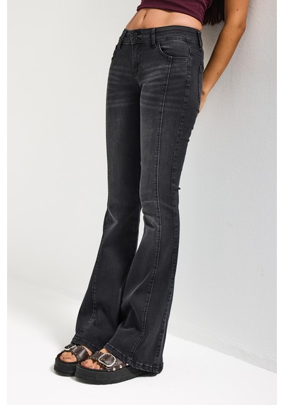 Itsbasic Kadın Füme 2s6-1 Swl Mid Rise Flare Fit Kemer Detaylı Esnek Kumaş Denim Jean