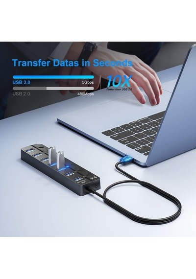 Lexroo Çoklu Port Usb 3.0 Hub Adaptörü, Anahtarlı Ve Işıklı Çoklu Bağlantı Noktası Bölücü
