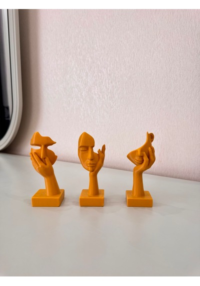 Modern Yüz Figürlü 3 Lü Dekoratif Heykel Seti-ev Ve Ofis Dekorasyonu Biblo 15 Cm Mat Gold