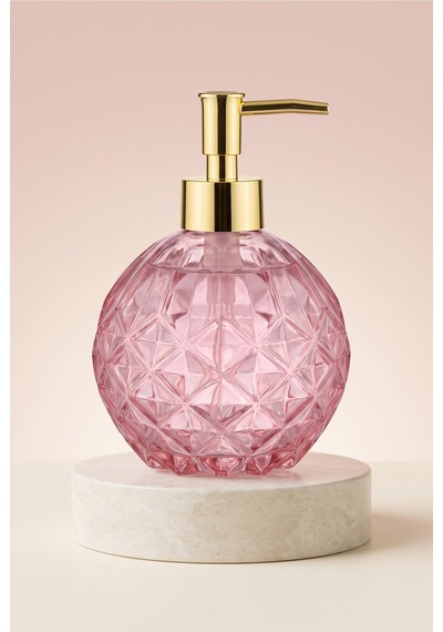 Boby Diamond Küre Cam Sıvı Sabunluk Gold Pompalı Kristal Desenli Dekoratif Banyo Ve Mutfak Dispenseri - 16 Cm X 10 Cm - 500ml - Pembe