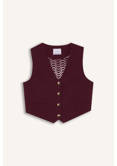 Defacto Sorbe x DeFacto Regular Fit V Yaka Düğmeli Blazer Yelek D9928AX24AU Bordo