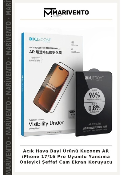 Açık Hava Bayi Ürünü Kuzoom Ar Apple iPhone 17/16 Pro Uyumlu Yansıma Önleyici Şeffaf Cam Ekran Koruyucu
