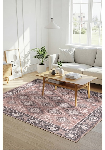 Artloop Stonart Eskitme Vintage Desenli Pudra Otantik Yıkanabilir Şönil Halı Al 465 Pembe
