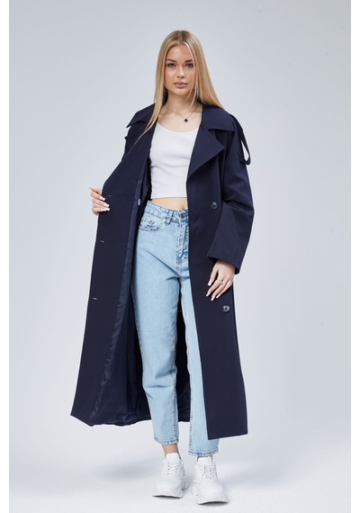 Kadın Oversize Astarlı Uzun Trençkot Lacivert