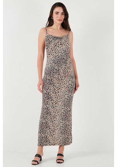 Lela Büzgü Detaylı Slim Fit Yırtmaçlı Uzun Boy Asimetrik Yaka Bayan Elbise 5866291 Leopar