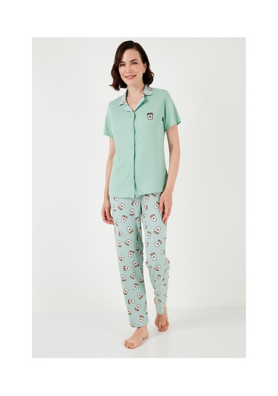 Lela Regular Fit Gömlek Yaka Kısa Kollu Bayan Pijama Takımı 65740102 Mint-Bej