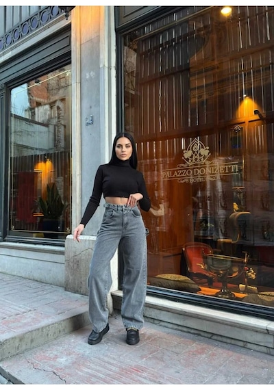 Kene Jeans Yüksek Bel Kar Siyah Yan Kemer Tokalı Kargo Cep/baggy Bol Paça Jeans Siyah