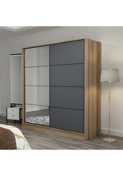 Minarmobilya Minar Kale 2 Kapaklı Aynalı Sürgülü Dolap 180 Cm - Dore/Antrasit