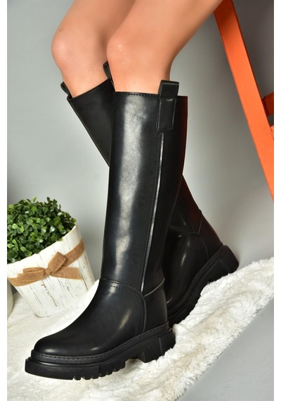 Fox Shoes R973201109 Siyah Cilt Kalın Tabanlı Kadın Çizme Siyah