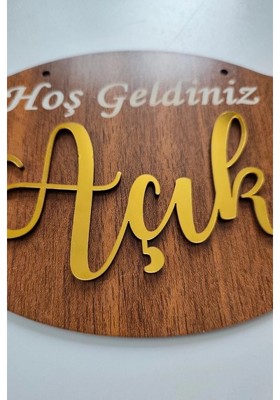 Gold Pleksi Detaylı 3d Ahşap Açık-kapalı Tabelası - Ceviz