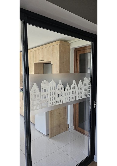 Technosmart 45x150cm Dekoratif Şehir Temalı Buzlu Cam Filmi Statik Kaplama Mutfak Ofis Banyo Pencere