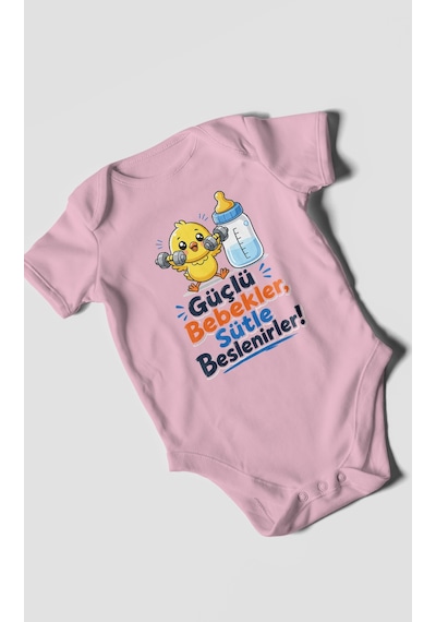 Morivokids Güçlü Bebekler Sütle Beslenir Kısa Kollu Bebek Body %100 Pamuk Koyu Pembe