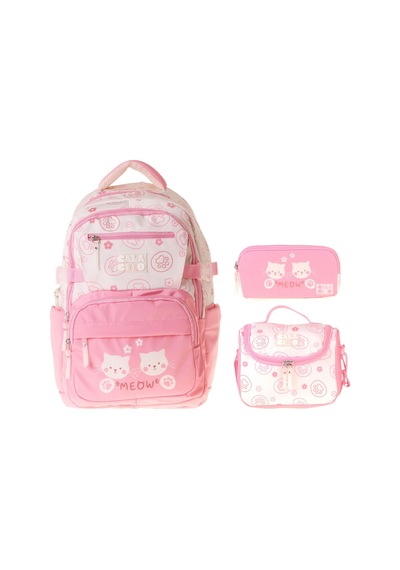 Calacilo Kedi Baskılı Pembe Kız Çocuk Üçlü İlkokul Okul Çantası Seti - Setcc-c4038a Pembe - Krem