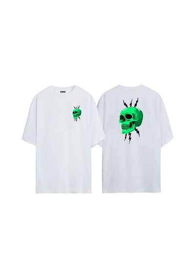Thewert Unisex Yeşil Kuru Kafa Ve Yıldırımlar Ön Arka Baskılı Beyaz Oversize T-shirt