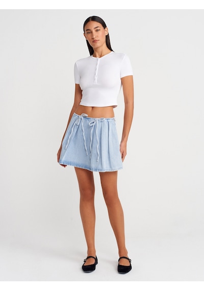 Dilvin 80585 %100 Pamuk Önü Fiyonklu Mini Denim Etek-mavi