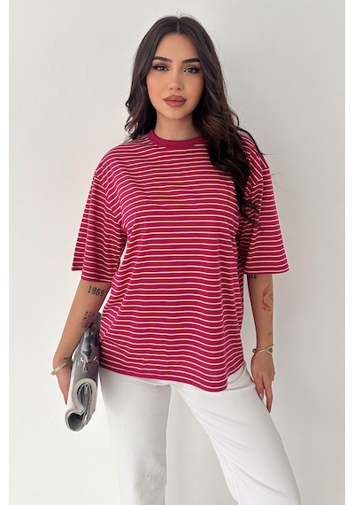 Noa & Noa Kadın Oversize Çizgili Tişört Monochrome Ease Pembe