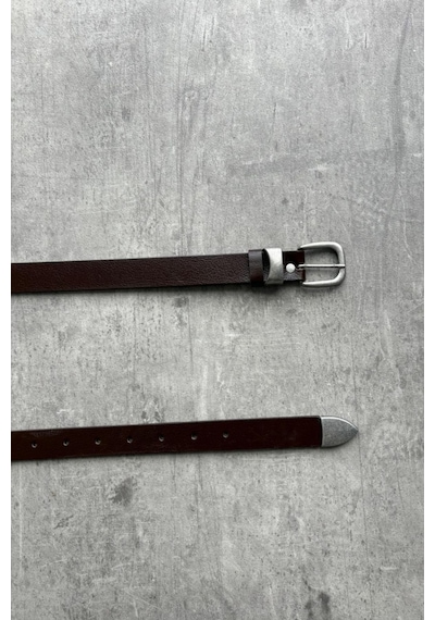Erkek Vintage Ucu Metal Detaylı Deri Kemer Kahverengi