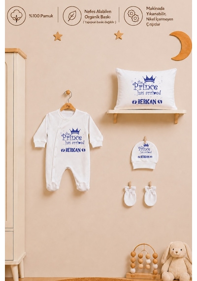 Pia Baby Erkek Bebek %100 Pamuk İsme Özel Hastane Çıkışı Tulum Seti Yastık Kılıfı Battaniyeli 2033tybyx Ekru